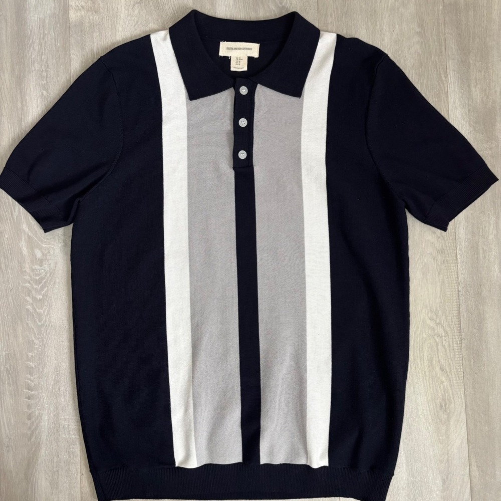 Frederik Anderson Copenhagen Mens Knit Polo Shirt Navy Grey Stripe Medium